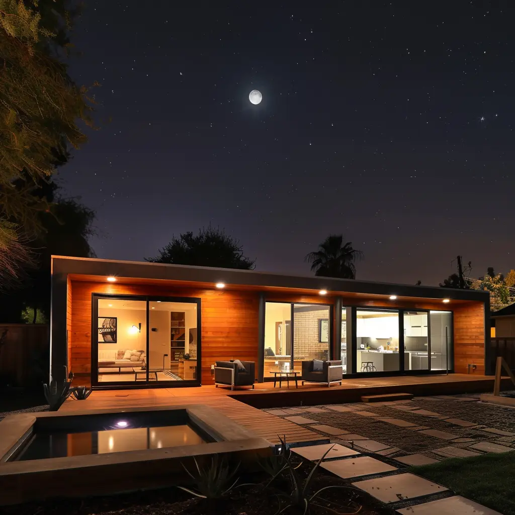 A separate backyard home with a terrace