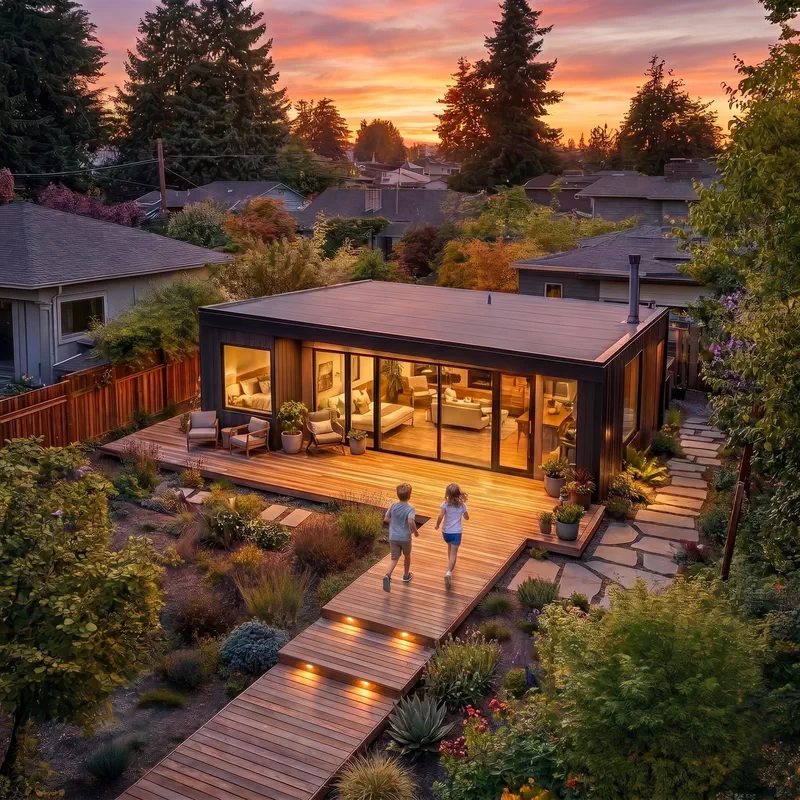 A welcoming guest house with a lit terrace at dusk