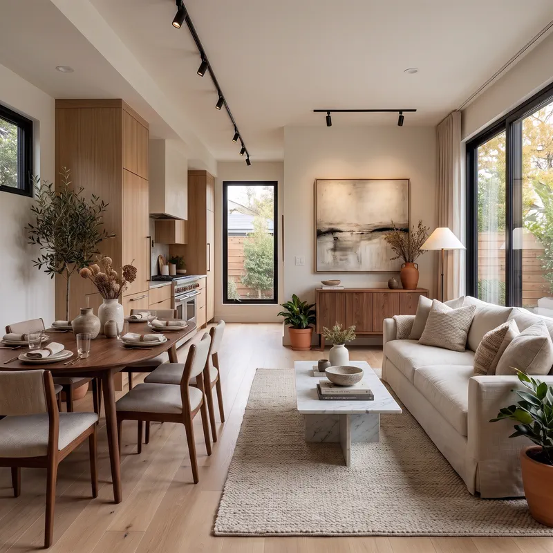 Flexible living and dining space inside a backyard home